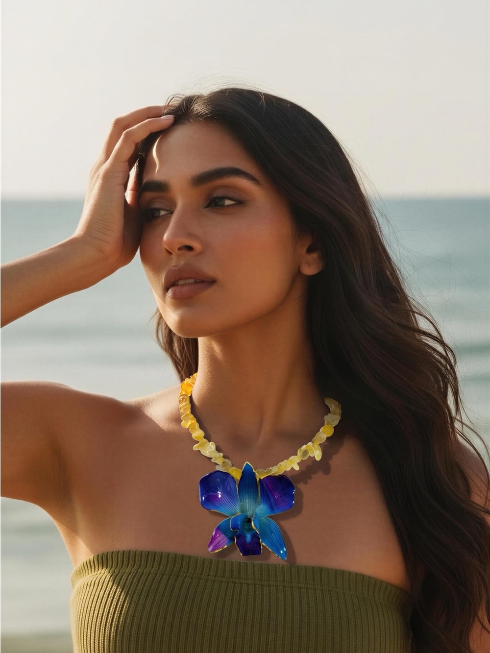 Yellow jade Bead Necklace with Blue real Orchid Pendant - Women Jewelry